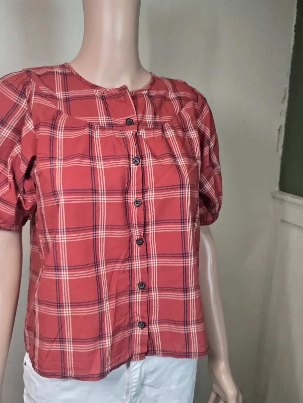 Madewell Red Plaid Short Sleeve Round Neck Lightweight Cotton Prose Shirt S